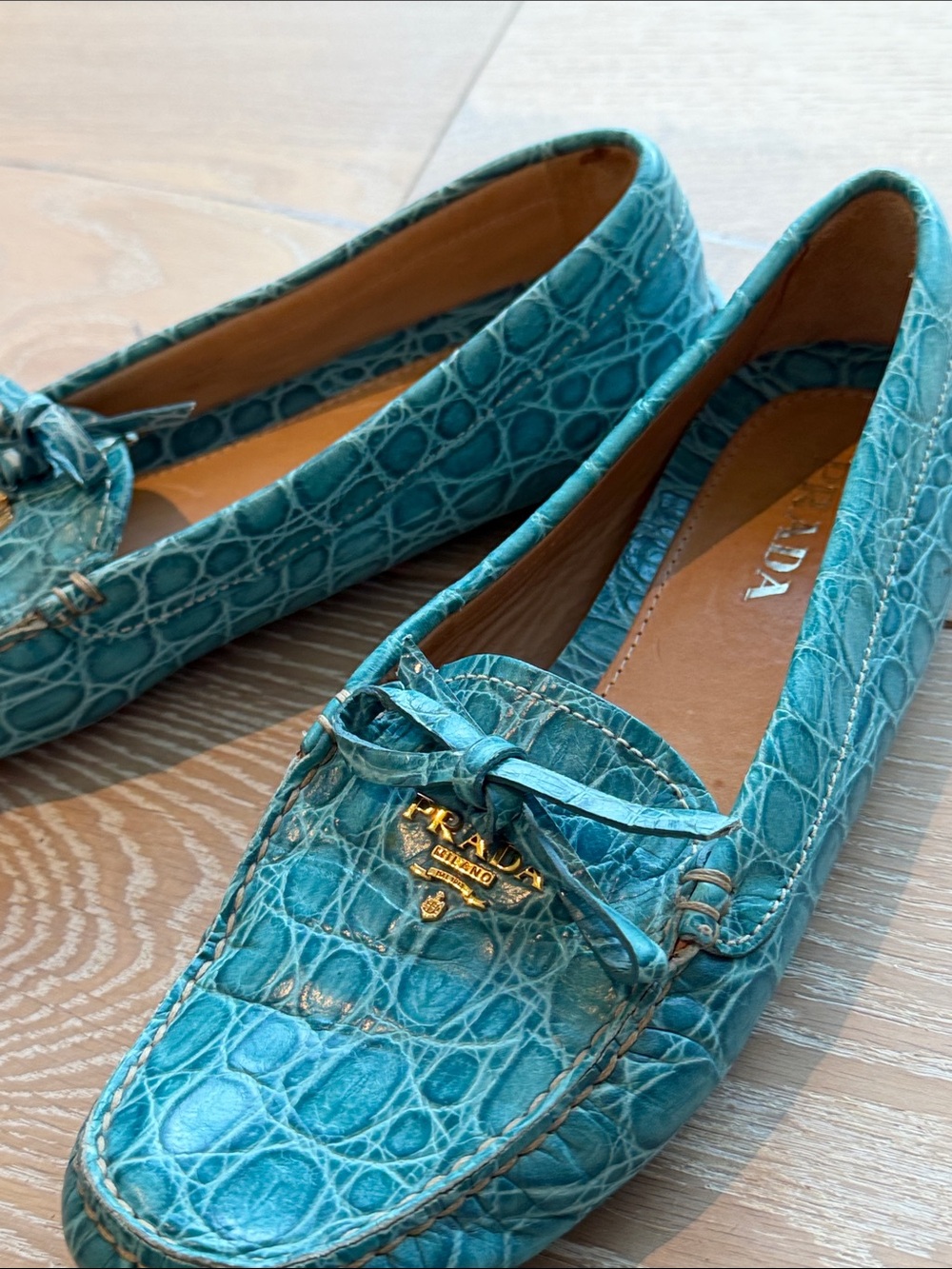Hardly worn.. very comfortable, Prada Teal Croc-Embossed Leather Loafers size 8 - Picture 6 of 6